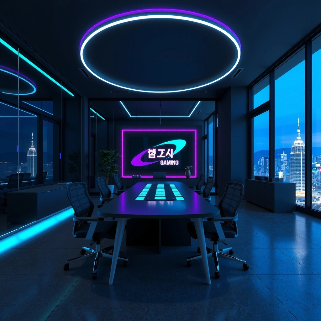 Modern gaming studio office environment in Seoul with neon accents and Korean design elements