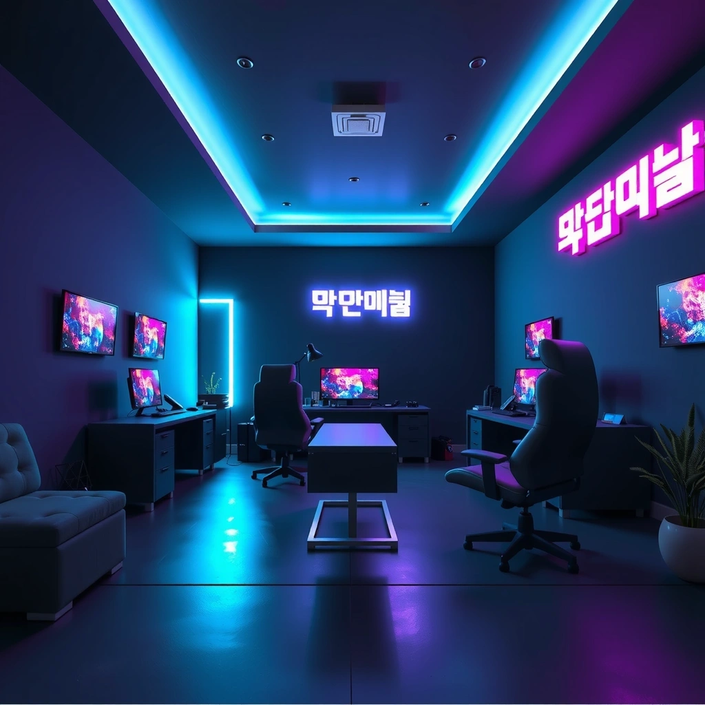 Korean gaming studio neon lights background